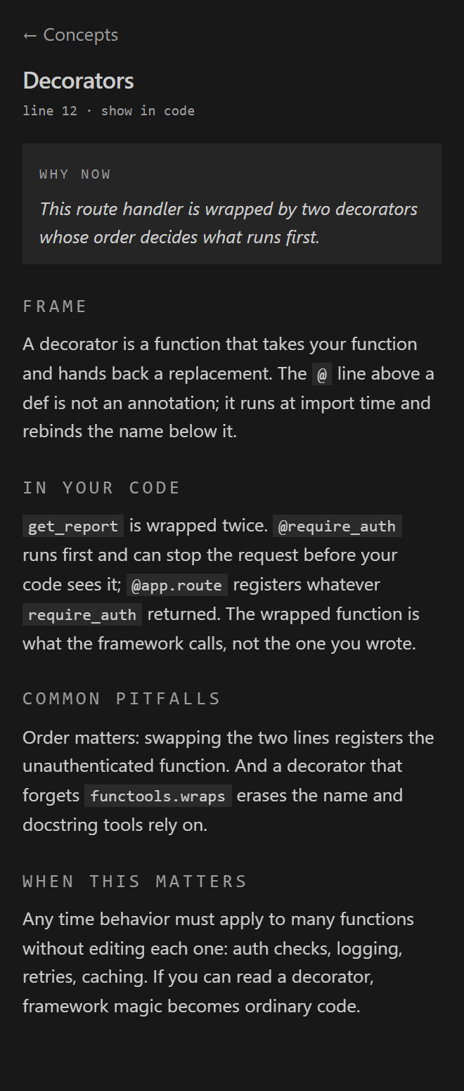 A full concept explanation streaming into the Mati sidebar: why now, frame, in your code, common pitfalls, when this matters
